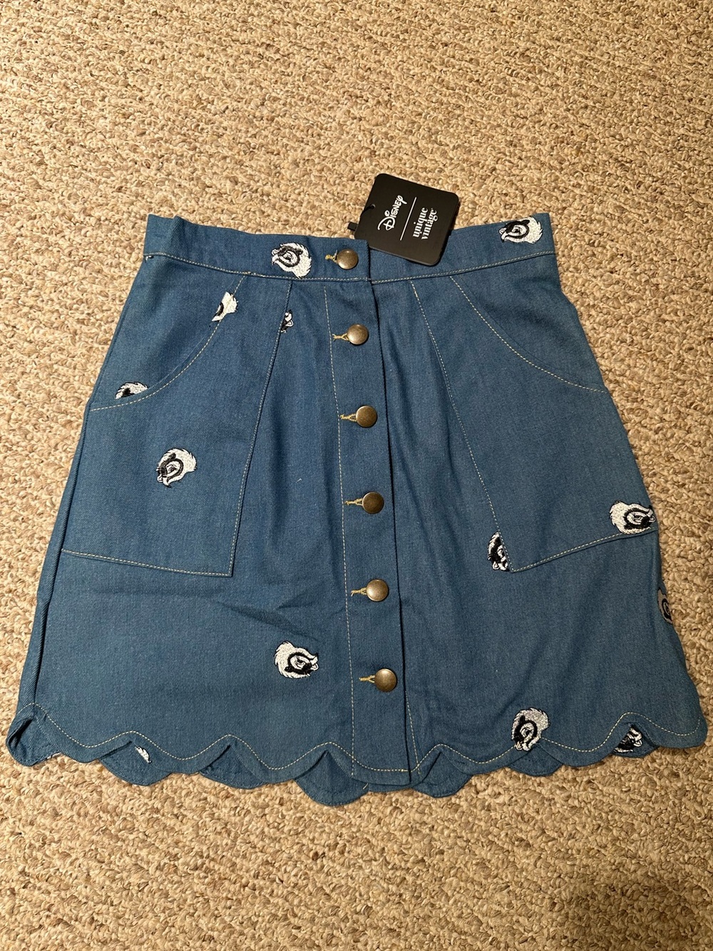 Unique Vintage Disney Flower from Bambi Denim Scallop Hem Skirt